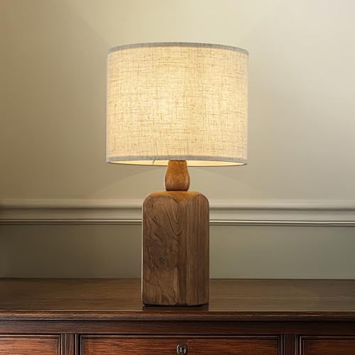 18in Farmhouse Traditional Natural Brown Solid Wood Base Table Lamp with Beige Fabric Shade for Bedroom Living Room by DANCYHOME