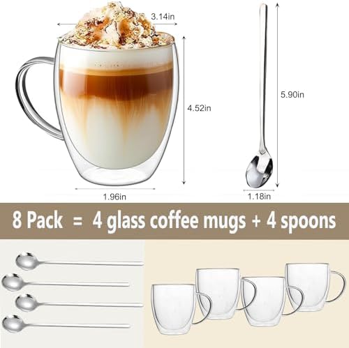 DINGPAI 4 Pack Double Wall Glass Coffee Mugs, 12oz Clear Coffee Cups - Image 2