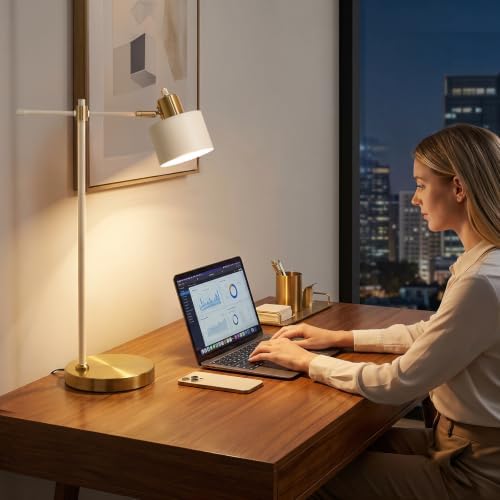 OYEARS 22.2" Modern Desk Lamp, Metal Table Lamp with LED Bulb, Adjustable Reading Lamps for Living Room, Mid Century Nightstand Lamp for Home Office, Industrial Bedside Lamps, Cream and Gold - Image 6