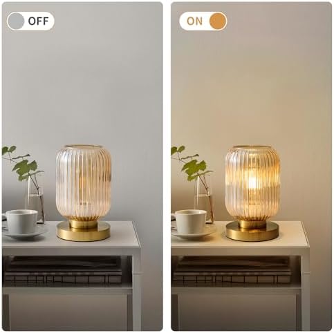 Amber Glass Table Lamp,Vintage Gold Base Ribbed Bedside Lamp - Image 4