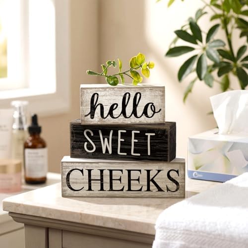 Moucuny 4 Pcs Bathroom Shelf Decor Hello Sweet Cheeks Sign Farmhouse Decor - Image 3