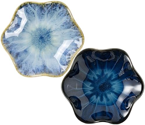 2Pcs Ceramic Jewelry Dish - Lotus Leaf Shape, for Ring Holder Necklace Small Key, Suitable for Mother Friend Sister, Gifts for Women, Cute Plate Trinket Tray, Home Decor (Light Blue & Blue) by Koyzsen