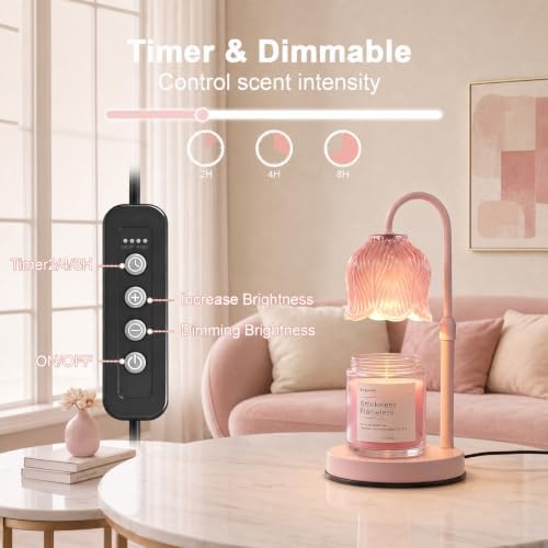 Candle Warmer Lamp with Timer, Pink Modern Candle Lamp for Home Decor, Electric Candle Warmer Lamp, Dimmable Wax Warmer for Jar Candles, Gift Box Included - Clear Pink - Image 3