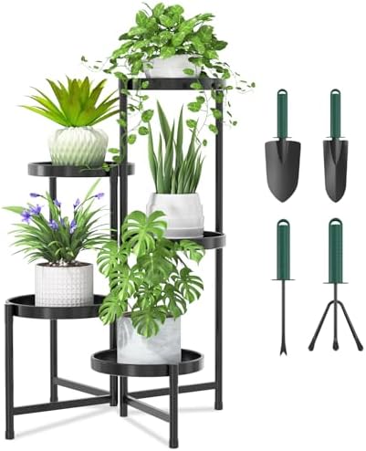 iDavosic.ly 5 Tier Large Plant Stand with Garden Tools, 10 Inch Tray, Black by iDavosicly