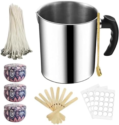 Harnico Candle Making Pouring Pot 1.3L Wax Pouring Pot Candle Making Pitcher with Heat-Resistant Handle and Dripless Pouring Spout Design with Candle Jars, Wicks, Stickers, Centering Device by Harnico