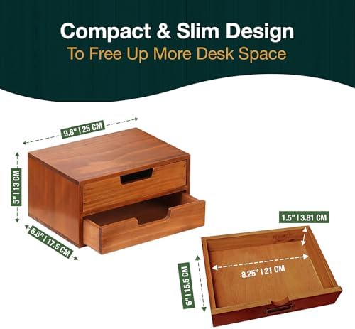 Double Drawer Desktop Storage Organizer in a Modern Wood Design (9.8”x6.9”x 5.1”) 2-Drawer Stackable Drawer Unit - Wood Monitor Riser (1-Pack) - Image 3