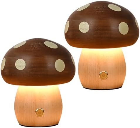 LONRISWAY 2Pack Wood Small Mushroom Table Lamp, LED Rechargeable Cordless Touch Bedside Lamps, Wireless Stepless Dimming Night Light, Portable Battery Lamp for Bedroom Nightstand for Birthday Gifts by LONRISWAY