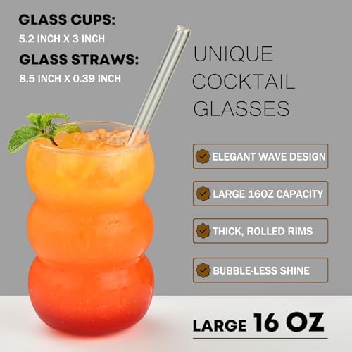 ALINK 16 oz Large Ribbed Glassware Drinking Glasses with Straws Set of 4, Crystal Vintage Glassware Iced Coffee Cups, Cocktail Glass Cups for Beer, Whiskey, Soda, Water, Tea, Milk,Juice - Image 2