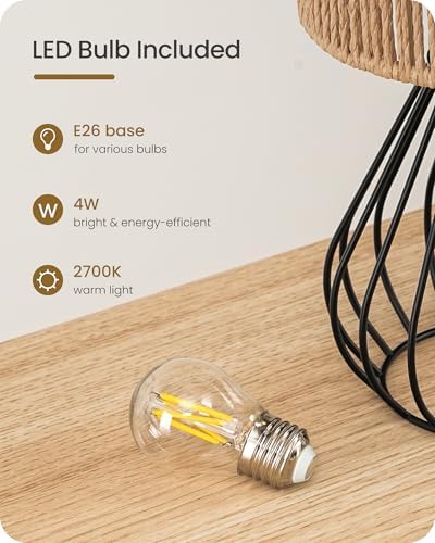 Rattan Table Lamp, Boho Table Lamp, Small Bedside Lamp, Handwoven Paper Lampshade, 2700K LED Bulb Included, Boho Desk Lamp, Modern Nightstand Lamp for Bedroom, Living Room, Striped SW06TL05 - Image 3