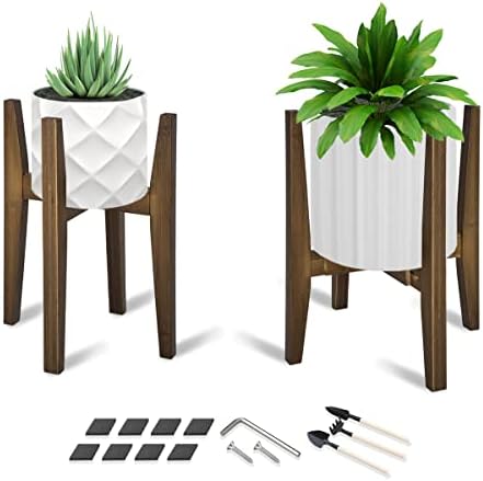 OERGKE 2 PACK Adjustable Plant Stand Indoor, Bamboo Mid Century Modern Plants Stands, Corner Flower Holder for Living Room, Fits 8 to 12 Inches Pots, (Pot & Plant Not Included)(Walnut) by OERGKE