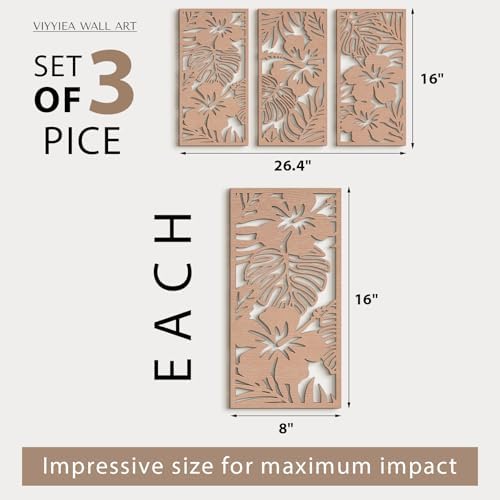 VIYYIEA Boho Solid Wood Carved Wall Art Set of 3, Geometric Minimalist Wooden Home Decor Panels, Handcrafted Solid Wood Wall Hanging for Living Room Bedroom Hallway, 16 x 8 Inch Each (Blooms) - Image 2