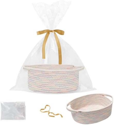 Small Woven Rope Basket,Baby Gift Basket with Bag & Ribbon by HZFTJOY