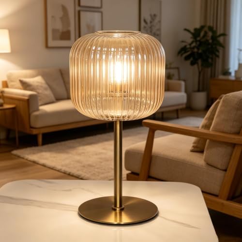 Green Glass Table Lamp Mid Century Modern Table Lamp for Bedroom Nightstand Gold Small Night Light Vintage Decorative Brass Desk Lamp for Living Room Study (L Amber Lamp) - Image 7