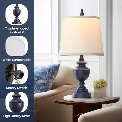 PARTPHONER Retro Table Lamps Set of 2, Bedside Lamp for Bedroom Rustic Farmhouse Table Lamps for Living Room, Vintage Nightstand Lamps with White Shades, Blue - Image 3