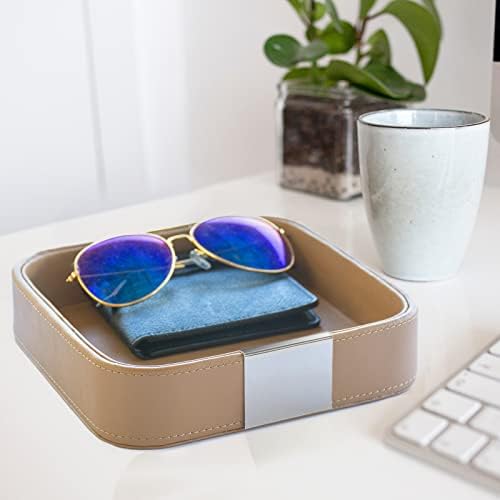 SANZIE Luxury Leather Tray Desktop Storage Small Catchall Organizer Decorative Tray for Entryway Table to hold Jewelry Watch Cosmetics Keys Phone Wallet Home & Office Accessories (Taupe Silvery) - Image 4