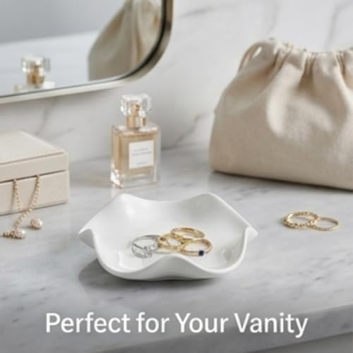 Elegant 5.3" White Ceramic Trinket Tray & Ring Holder Dish – Unique Wavy Decor, Jewelry Catchall, & Small Present for Mom, Sister, or Best Friend | Modern Vanity Accessory - Image 2