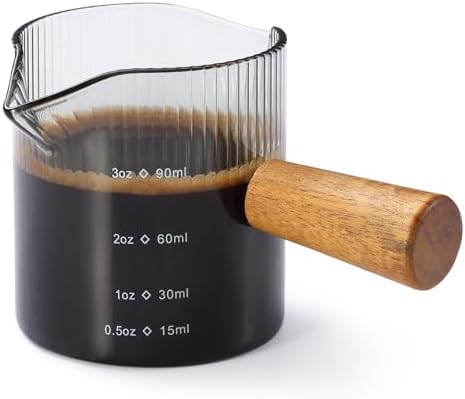 Espresso Cups 3 OZ, Double V-Shaped Spouts Cups, Espresso Shot Glasses with Wood Handle, Ribbed Milk Measuring Cup by iziusy