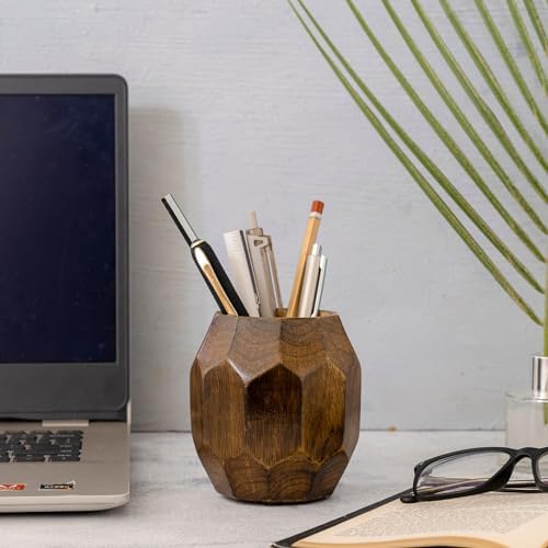 Mie Creations Geometric Wooden Pencil Holder for Desk Table | Wood Pen Cup Stand for Office, Cute Desktop Organizer for Makeup Brushes, Stationery Decor | Rustic Christmas Holiday Gifts- Brown 4'' - Image 2