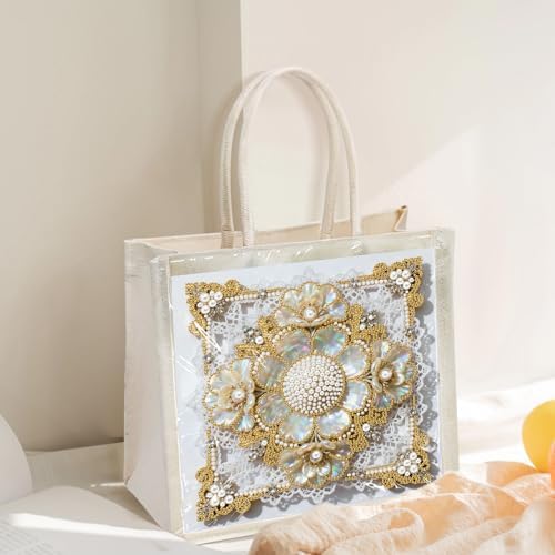 Xylzzuit DIY Pearl Painting Canvas Tote Bag Kit 11.42IN Diamond Art Handbag for Women Shopping Grocery Bag Dots Beads Art Craft Gift (Flower02) - Image 2