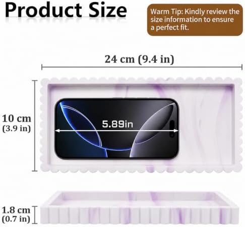 Bathroom Vanity Tray - 9.4''x3.9'' Silicone Bathroom Tray with Scalloped Edge, Counter Top Tray for Vanity Sink Countertop, Decorative Organizer for Cosmetics Jewelry, Rectangular, Marble White Purple - Image 2