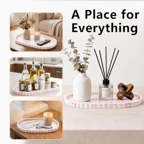 Silicone Bathroom Tray - 12''x5.3'' Oval Vanity Tray for Bathroom Countertop with Scalloped Edge, Elegant Bathroom Holders and Organizers for Toilet Top, Bathtub Caddy, Marble White Pink - Image 5