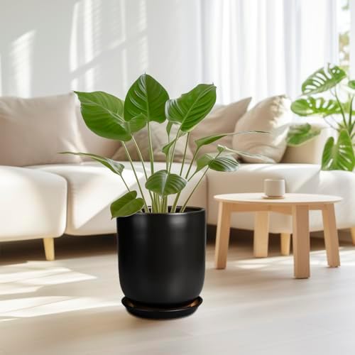 Ceramic Planter 10 Inch - Ceramic Pot for Indoor Plants Outdoor Plant Pot with Drainage Hole and Saucer Cylinder Flower Pot Black - Image 2