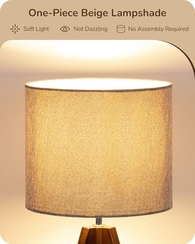 EDISHINE Boho Small Table Lamp, Wood Lamp, Grey Linen Lampshade,14.2 Inch - Image 3