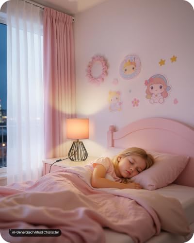 Pink Table Lamp for Girls' Room, Modern Small Bedside Lamp with Pink Linen Lampshade & Black Metal Base, 2700K LED Bulb Included, Decorative Nightstand Lamp for Bedroom, Entryway, P06TL05 - Image 2