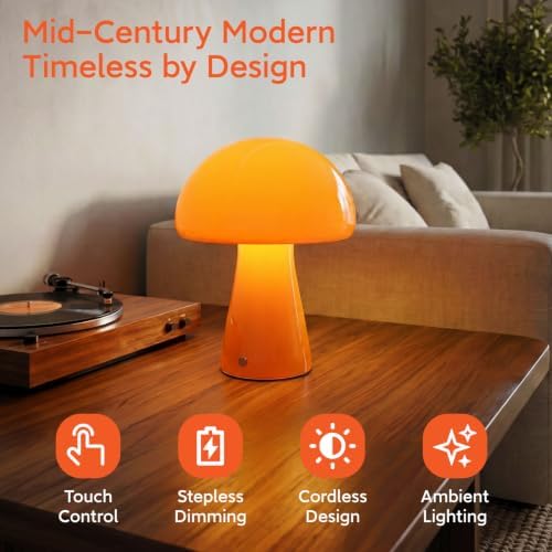 Mushroom Table Lamp, Cordless Table Lamp, Rechargeable & Dimmable, Orange - Image 2
