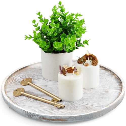 12 Inch Wood Round Tray, White Washed Wooden Decorative Bathroom Coffee Table Tray Centerpiece Candle Holder for Farmhouse Kitchen Dining Room Home Decor Coffee Table Decor and Accessories by Unknown