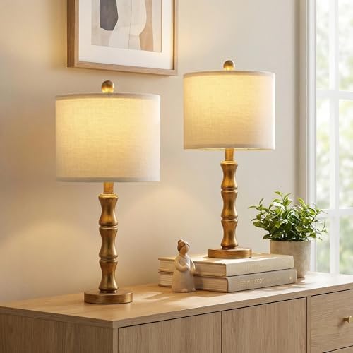 BOBOMOMO 20.5" Vintage Nightstand Lamps Set of 2, Farmhouse Table Lamps with Antique Gold Resin Base & Linen Shade, Small Bedside Lamp for Bedroom, Living Room, Office & Elegant Home Décor by BOBOMOMO