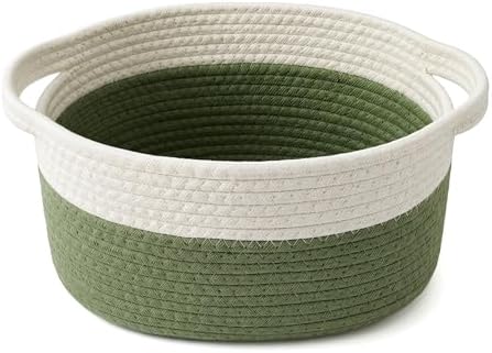 Small Cotton Rope Basket - White Woven Storage Basket with Handles, Desktop Organizer for Keys, Remotes, Makeup, Soft Decorative Bin for Bathroom, Office Shelf (White/Green) by QYMXHZE