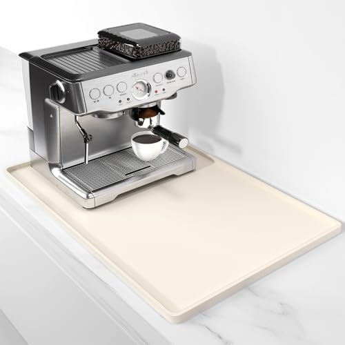 Rnivvi Silicone Coffee Mat, 16" x 24" Waterproof Raised Edge Coffee Bar Mats for Espresso Machine Station Accessories, Heat Resistant Dish Drying Pad for Kitchen Counter, Rubber Bar Decor Pad, Beige by Rnivvi