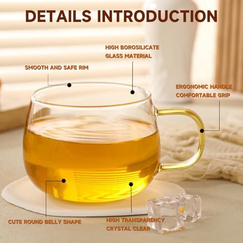 Glass Tea Cups Set of 4, Clear Borosilicate Glass Teacups with Colorful Handle for Tealover, Dishwasher & Microwave Safe Large Coffee Mugs for Espresso Cappuccino Latte Juice, 12OZ/360ML - Image 5