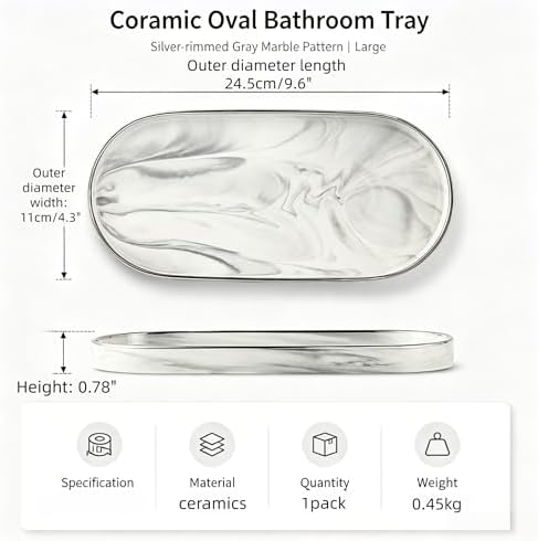 9.6" x 4.3" Oval Ceramic Vanity Tray, Light Gray Marble Bathroom Tray, Decorative Countertop Organizer for Cosmetics, Perfume, Jewelry, Candles, Kitchen Sink Soap Tray - Image 5