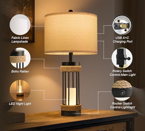 OYEARS 25" Table Lamps Set of 2 with Night Light, Rustic Bedside Lamps with USB C+A Charging Ports, Black Metal Lamp with Rope Accent and Frosted Glass, Farmhouse Lamps for Living Room Bedroom - Image 5