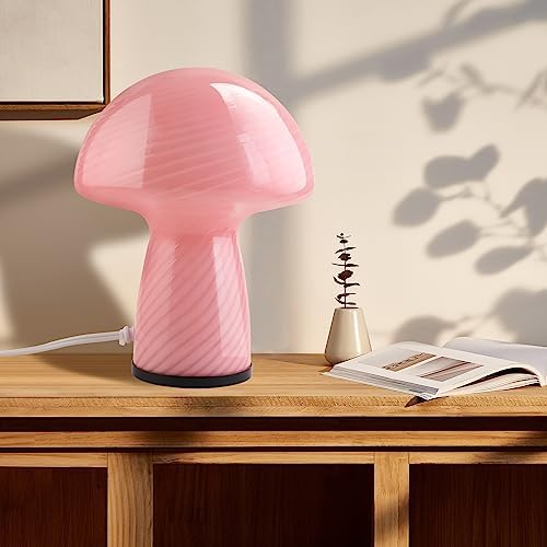 NOTOC Mushroom lamp,Dimmable Glass Table Lamp,Vintage Style Table Lamp,Stripe Pink Bedside Desk lamp,Cute Table Lamps.（LED Bulbs Included） - Image 2