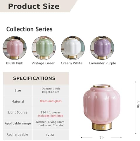 Mushroom Lamp, Cordless Rechargeable Table Lamp with Brass Base & Pink Glass Shade, 4W Dimmable Bedside Table Lamp, Small Vintage Desk Light for Mid Century Modern Home Decor (Pink) - Image 5