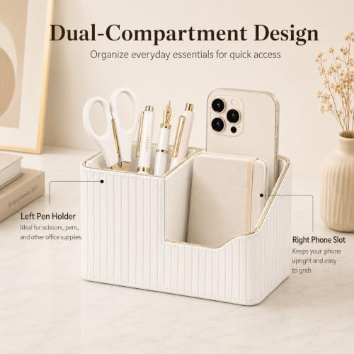 KINGFOM Luxury PU Leather Desk Organizer for Office Accessories, Aesthetic Pen Holder for Desk, Modern Desktop Storage Organizer for Home Office Supplies Cream White with Gold Trim - Image 4