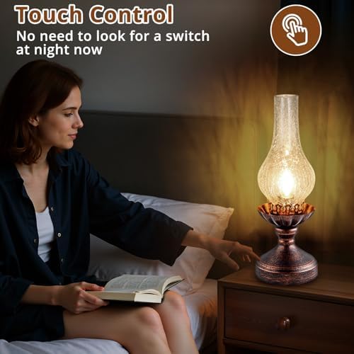 Vintage Table Lamp | Touch Control & 3-Way Dimmable Rustic Retro Farmhouse Bedside Lamp with Clear Glass Shade and LED Bulb for Bedroom, Living Room, Cabin, Office - Image 3