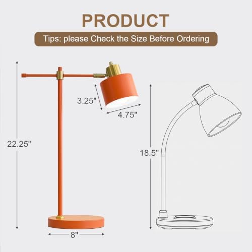 OYEARS 22.2" Modern Desk Lamp, Metal Table Lamp with LED Bulb, Adjustable Reading Lamps for Living Room, Mid Century Task Lamp for Home Office, Industrial Bedside Lamps with Solid Base, Orange - Image 4