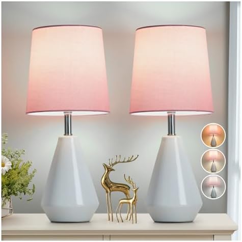 Small Bedside Table Lamp for Bedroom-Reading Desk Lamp Set of 2,with 3 Color Temperatures,15.5" Nightstand Ceramic Lamp with Fabric Shade for Kids Room,Living Room,Dorm,Home Office by Illuminatingyoumeandhim