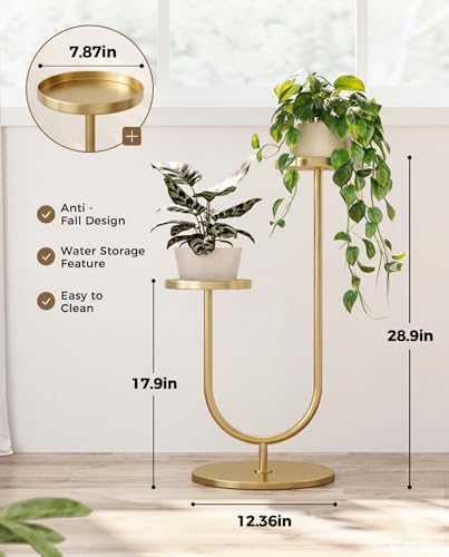 Bamworld Indoor Corner Plant Stands 2 Tier Plant Shelf Gold - Image 2