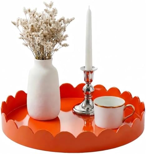 Gesodant 13" Round Scalloped Decorative Tray for Coffee Table Decor, Candle & Perfume Tray, Dining Table Centerpiece & Aromatherapy Candle Display, Modern Glossy Lacquer Look (Orange) by Gesodant+