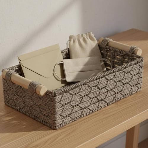 3 Pieces Handwoven Storage Basket Set With Woven Paper Rope Organizer With Wooden Handle Storage Bin Suitable for Home Organization Hallway Living Room, Khaki - Image 4
