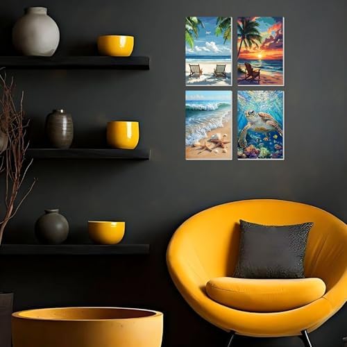 4 Pack Framed Paint By Numbers Kit for Adults Beginner Beach Adult Paint By Number Kits on Canvas Sea Turtle Painting By Numbers for Adults with Frame Diy Painting Kits for Home Wall Art 8x12 Inch - Image 3