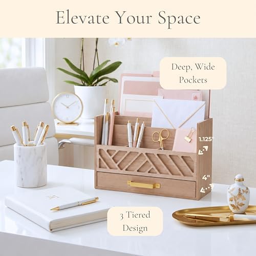 BLU MONACO | Wooden Mail Organizer with Drawer and Gold Handle | Outgoing Mail Holder and Letter Sorter for Desk | Natural Wood Desktop Paper Organizer - Image 4