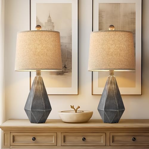 PoKat 20.25" Rustic Farmhouse Table Lamp Sets of 2 for Living Room Bedroom Deep Grey Contemporary Classic Bedside Nightstand Lamp with White Fabric Shade, Suitable for Small Place by Pokat