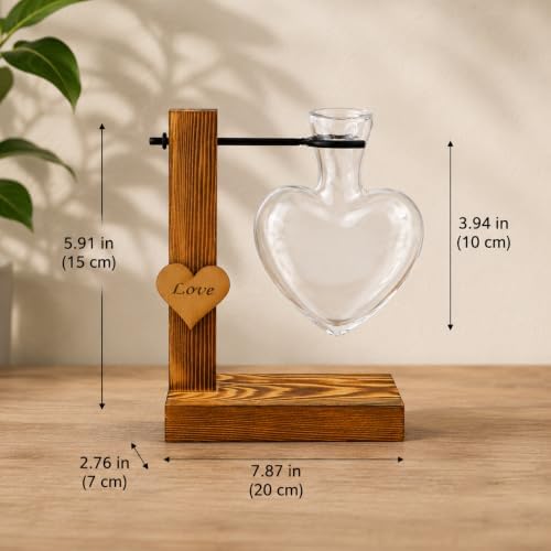 TerraSol Heart-Shaped Glass Propagation Station with Rustic Wooden Stand, Single Vase Hydroponic Planter, Love Accent Decor (One Heart) - Image 2