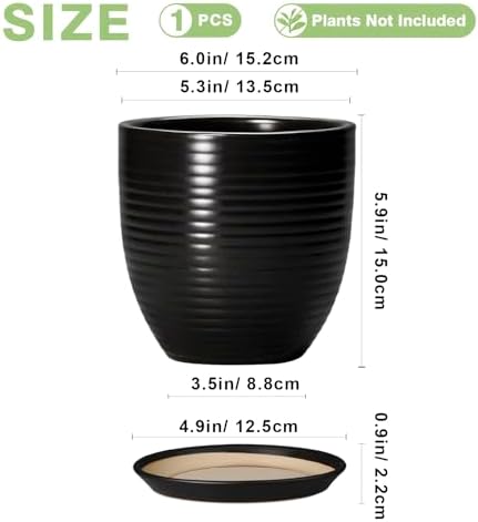 6 Inch Plant Pot - Ceramic Planters for Indoor Outdoor Plants, Modern Flower Pots with Drainage Hole and Saucer, Round Ceramic Planter, Office Room Decor, Gifts for Plant Lovers, Matte Black - Image 2